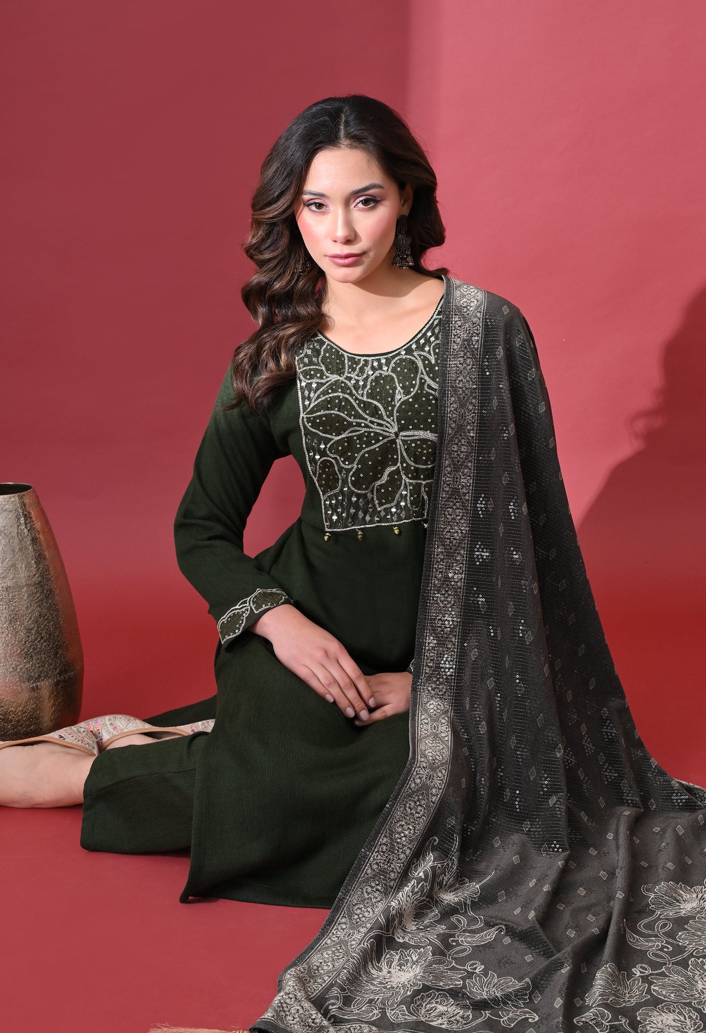 Mehandi Green Phulkari Touch Woolen Kurta Set