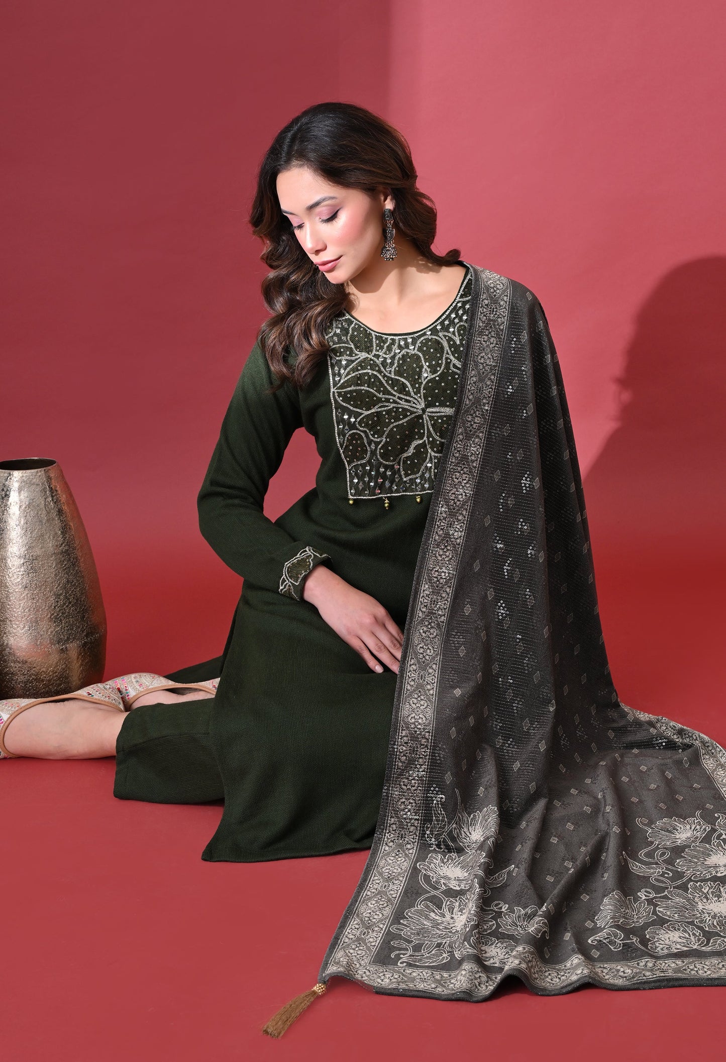 Mehandi Green Phulkari Touch Woolen Kurta Set
