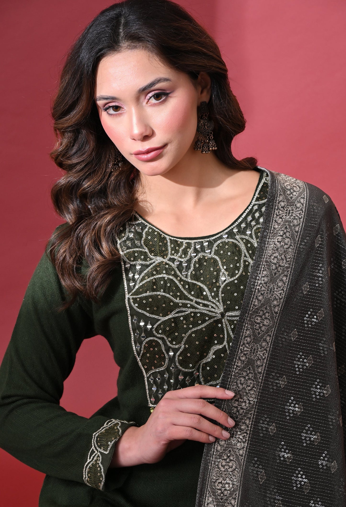 Mehandi Green Phulkari Touch Woolen Kurta Set