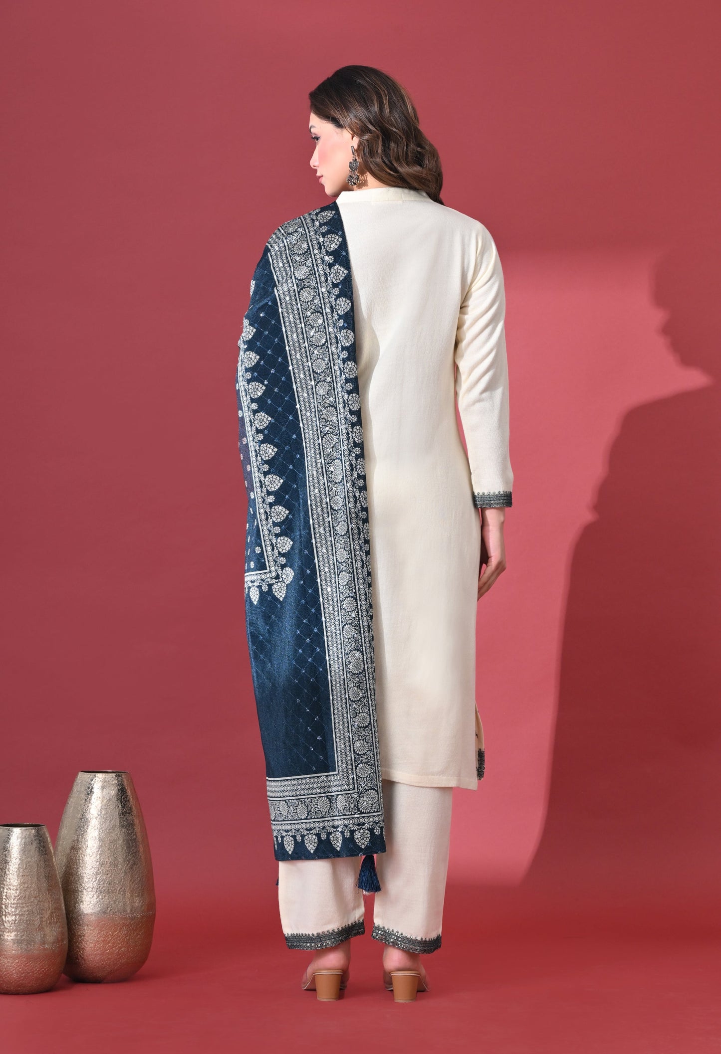Cream & Teal Elegance Woolen Kurta Set