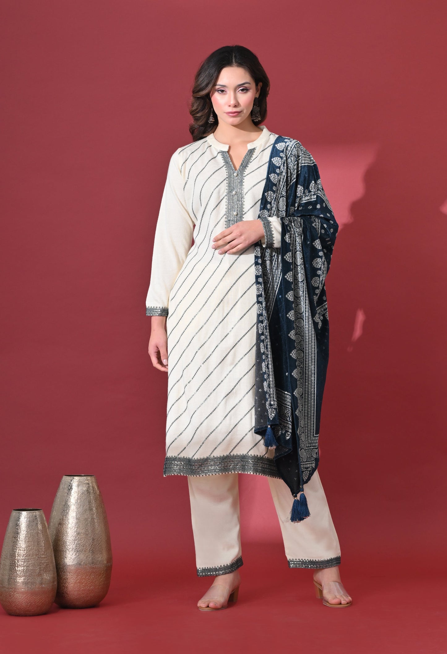 Cream & Teal Elegance Woolen Kurta Set