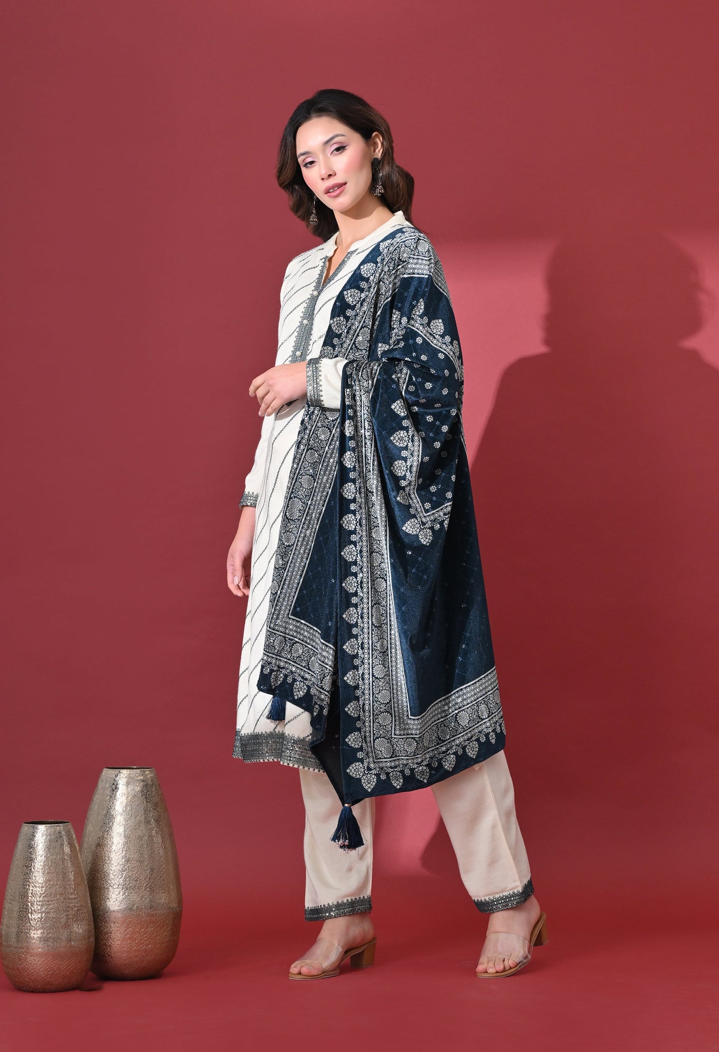 Cream & Teal Elegance Woolen Kurta Set