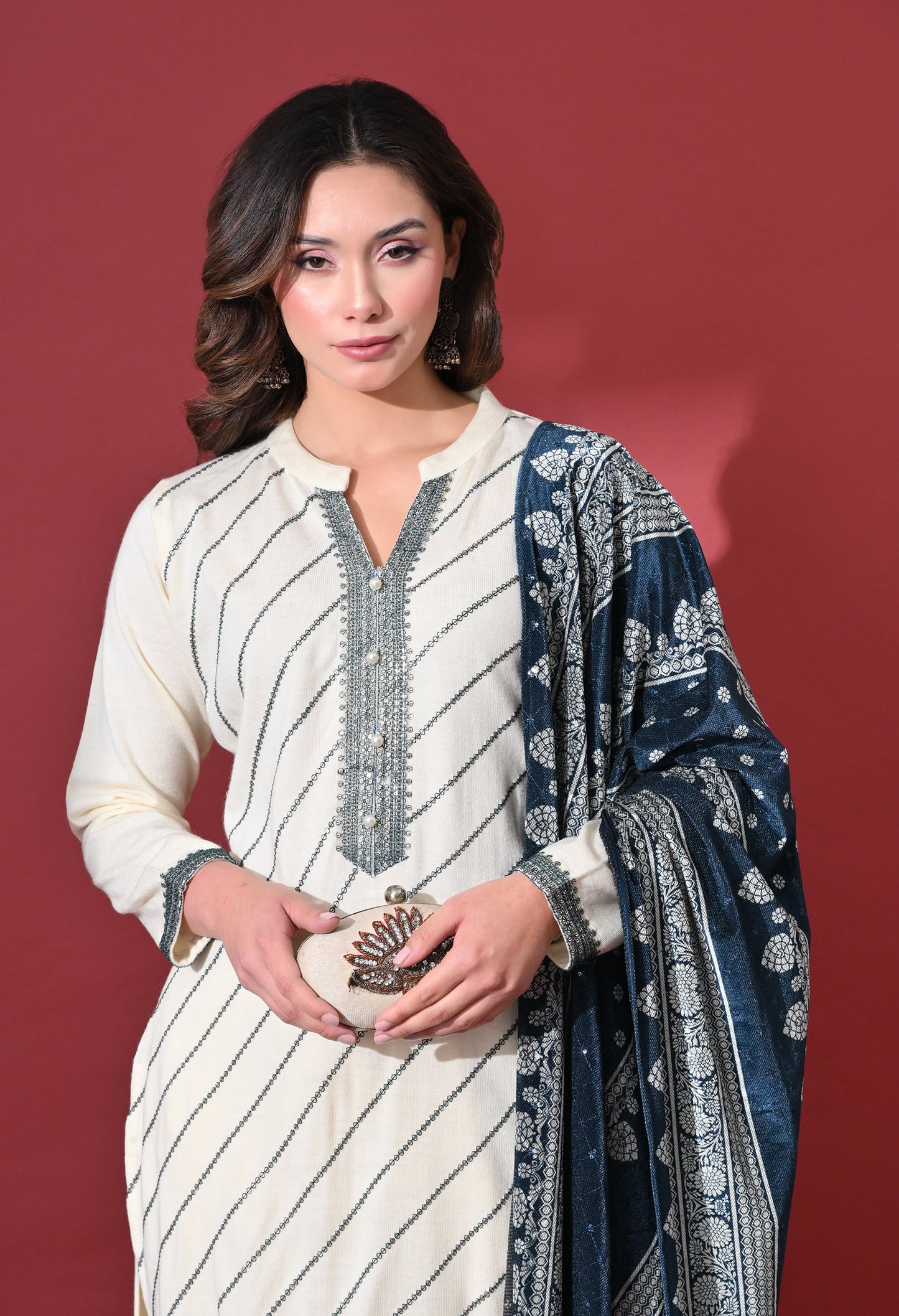 Cream & Teal Elegance Woolen Kurta Set
