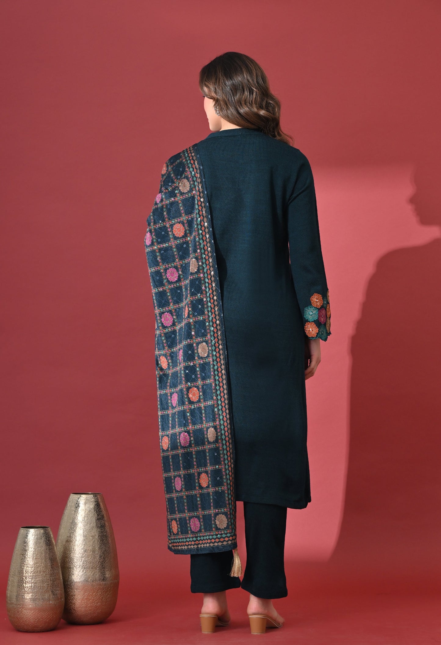Teal Blue Phulkari Charm Woolen Kurta Set