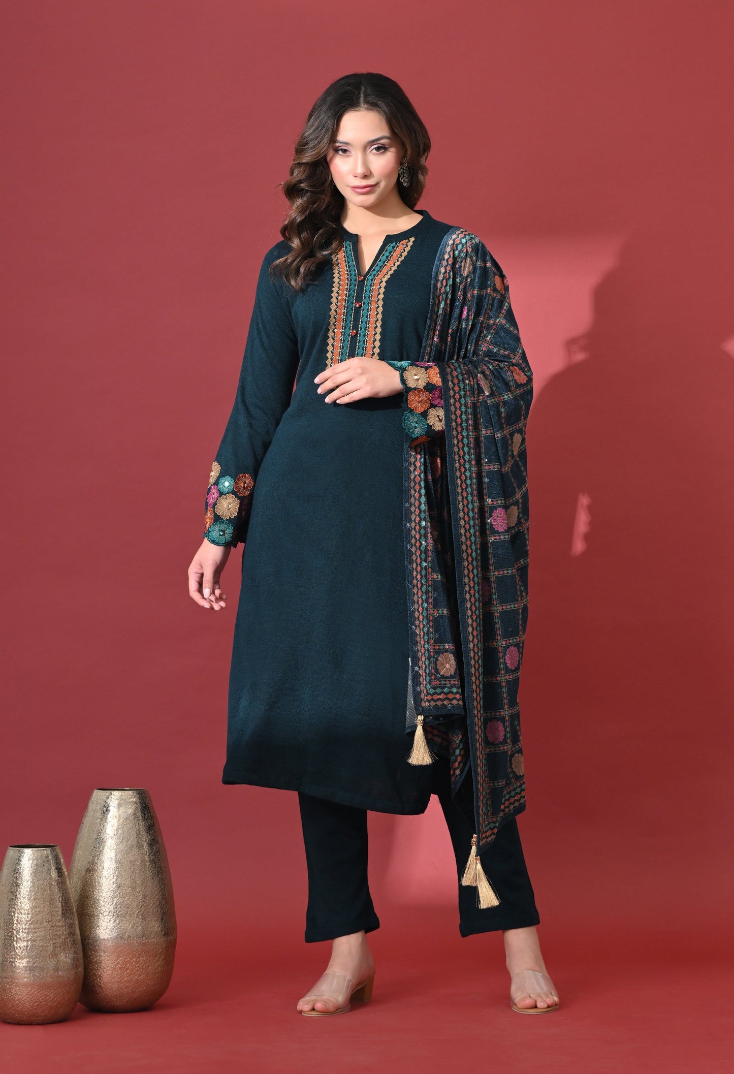 Teal Blue Phulkari Charm Woolen Kurta Set