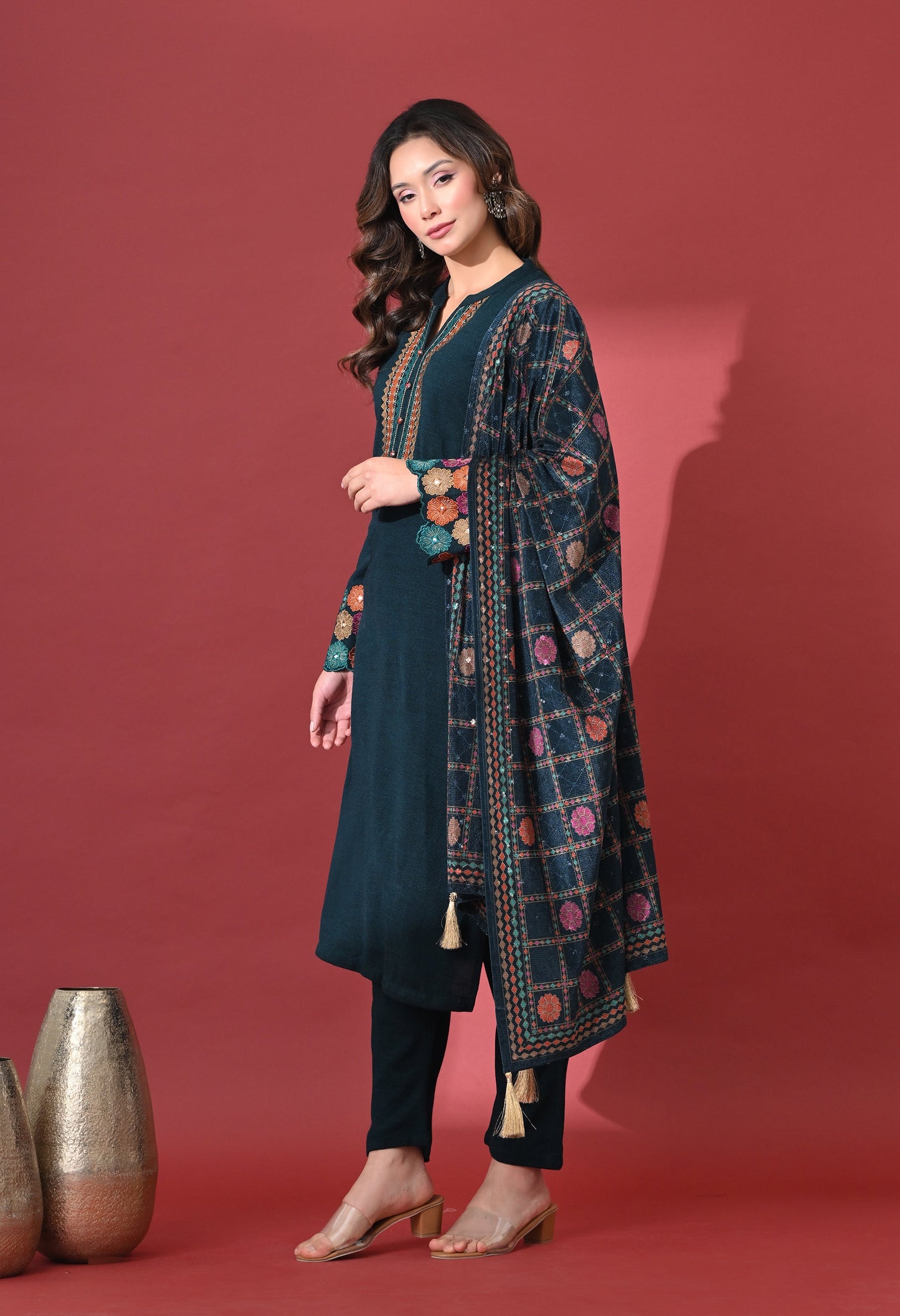 Teal Blue Phulkari Charm Woolen Kurta Set