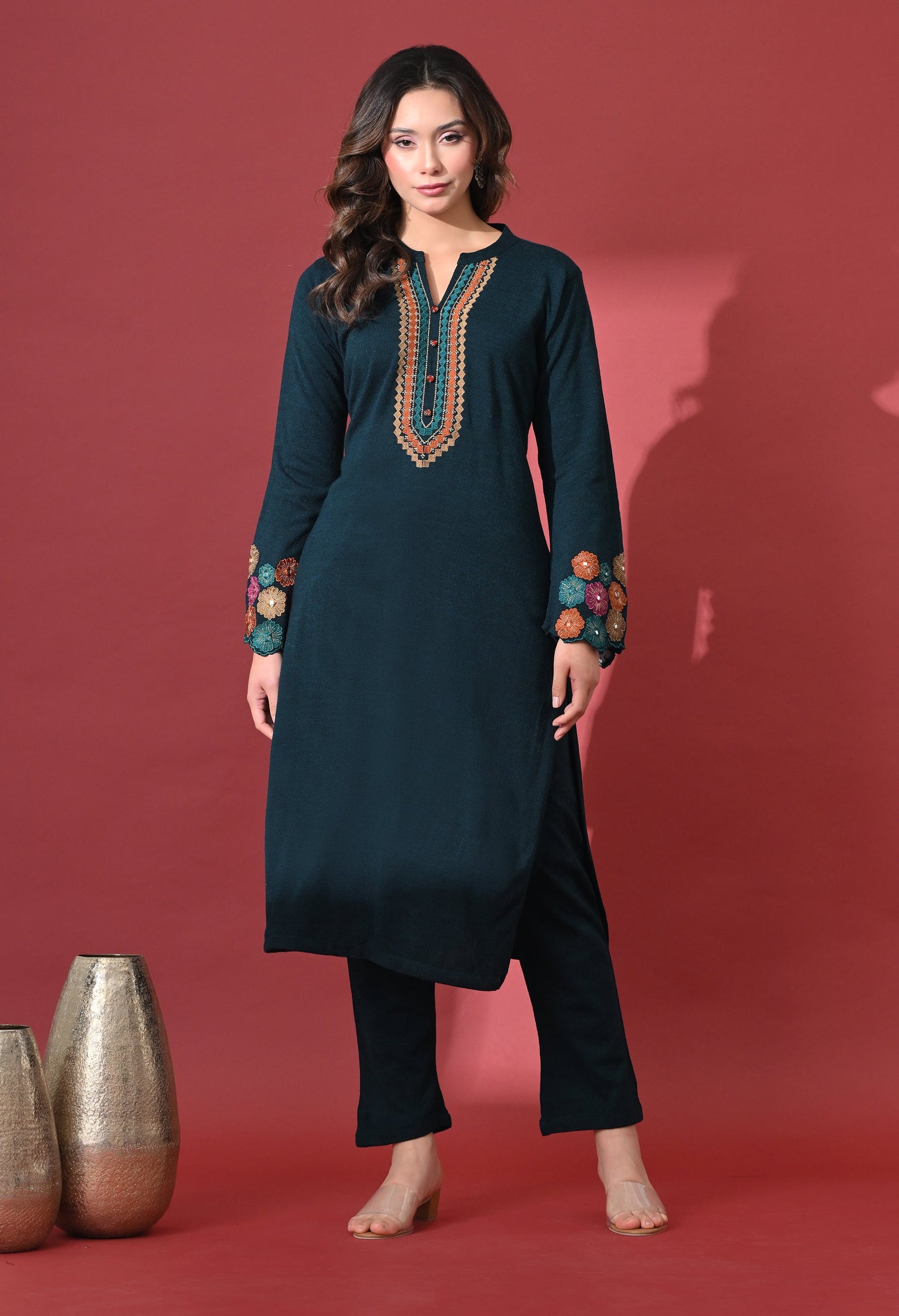 Teal Blue Phulkari Charm Woolen Kurta Set