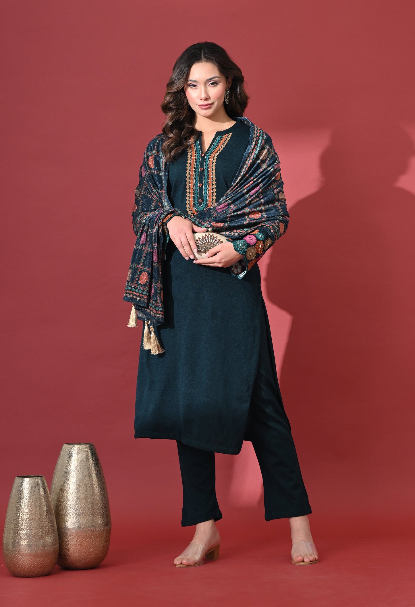 Teal Blue Phulkari Charm Woolen Kurta Set