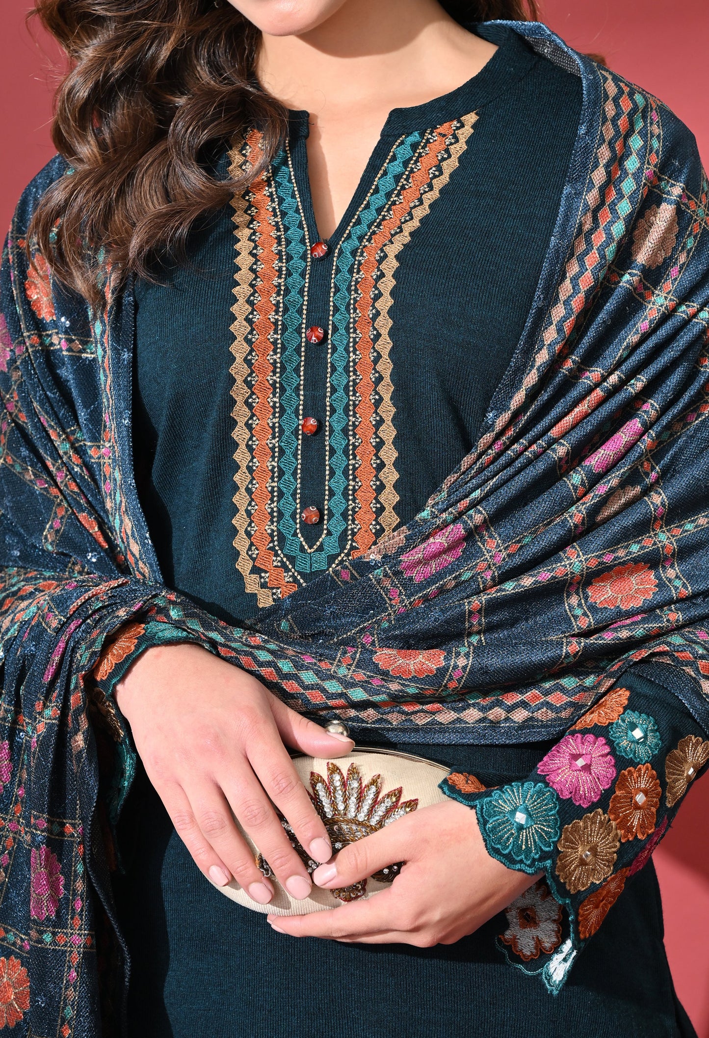 Teal Blue Phulkari Charm Woolen Kurta Set