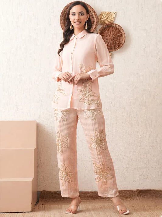Peach Glimmer Georgette Co-ord Set