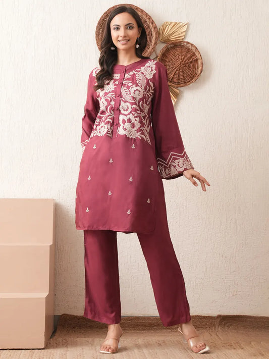 Wine Zari Charm Silk Coord Set