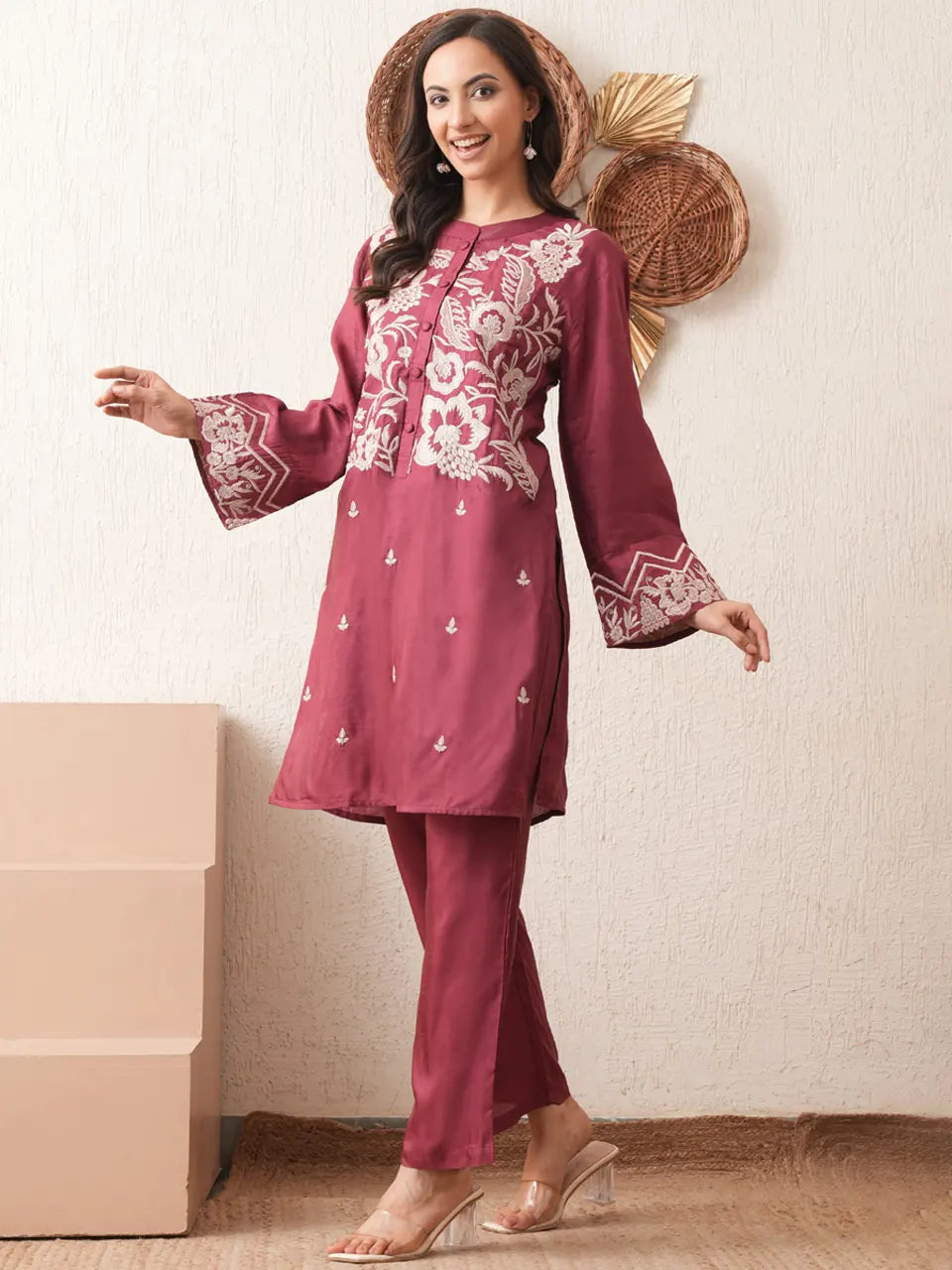 Wine Zari Charm Silk Coord Set