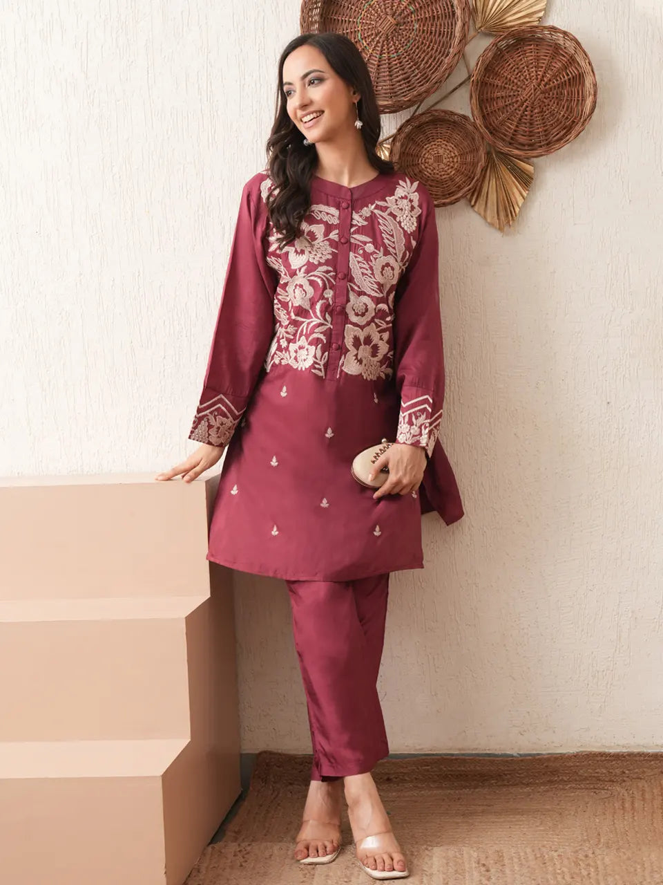 Wine Zari Charm Silk Coord Set