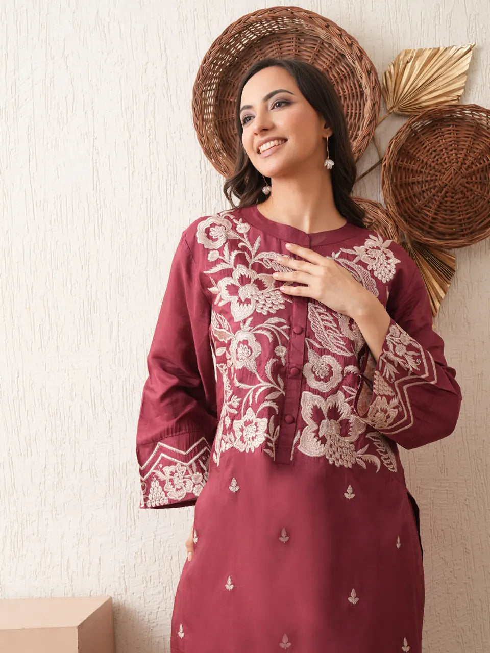 Wine Zari Charm Silk Coord Set