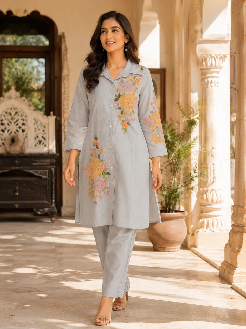 Elegant Floral Embroidered Grey Cotton Co-Ord Set