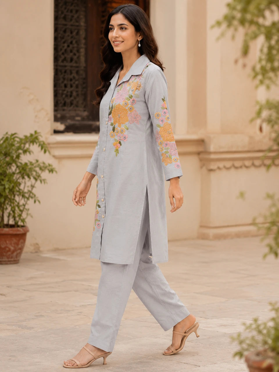 Elegant Floral Embroidered Grey Cotton Co-Ord Set