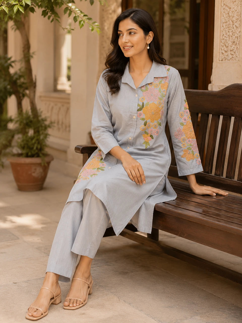 Elegant Floral Embroidered Grey Cotton Co-Ord Set