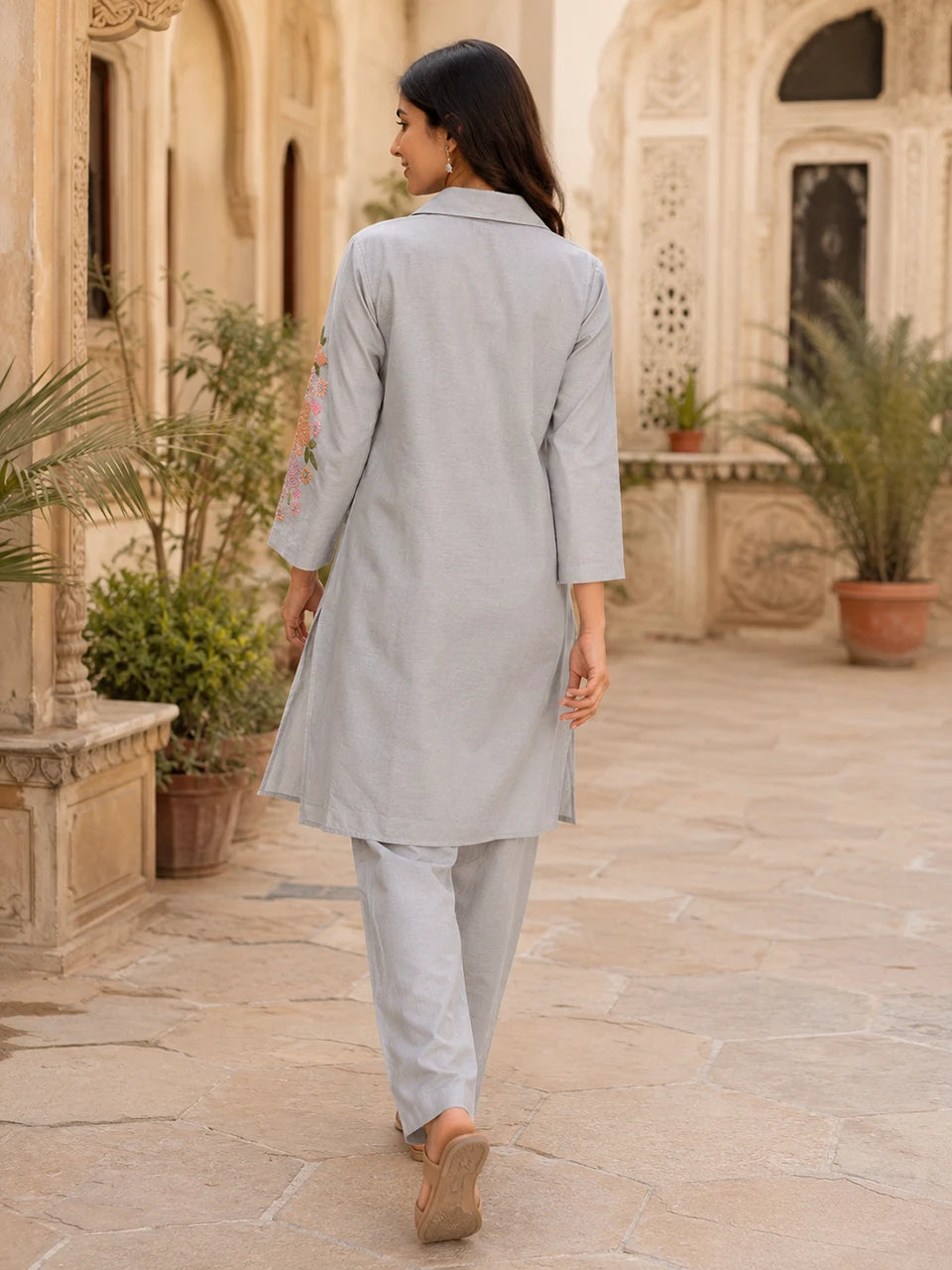 Elegant Floral Embroidered Grey Cotton Co-Ord Set
