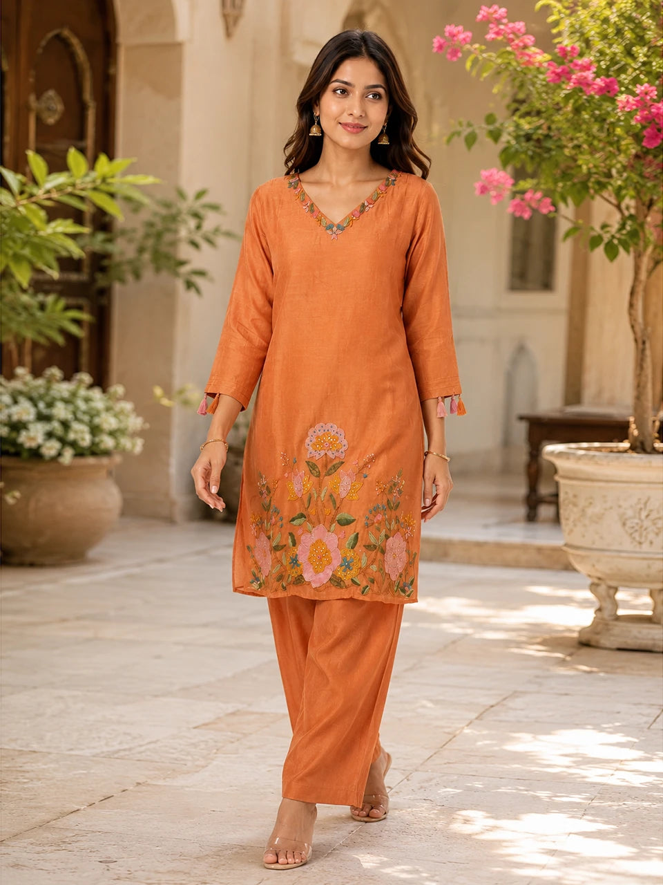 Rust Bloom Embroidered Kurta Pant Set
