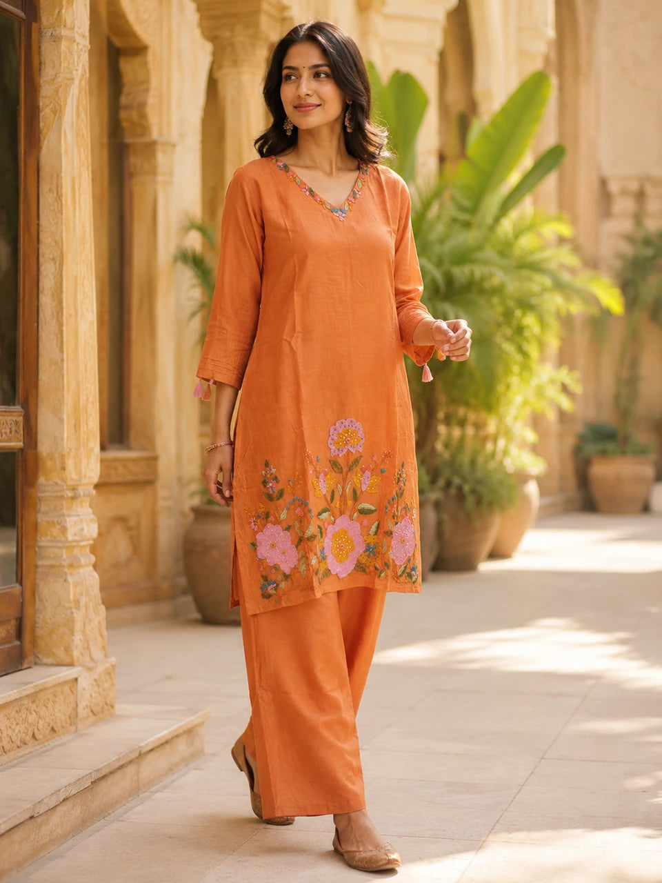 Rust Bloom Embroidered Kurta Pant Set