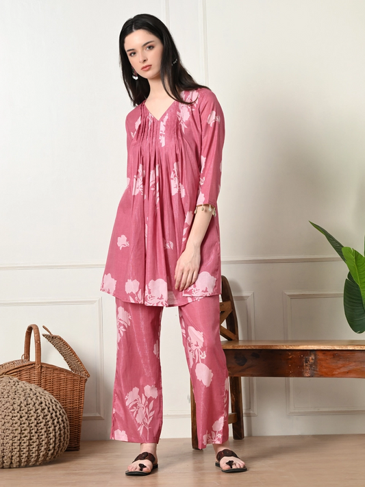 Pink Floral Silk Co-ord Set