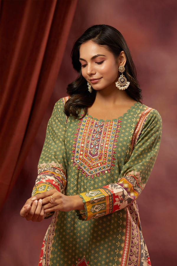 A - Line Green Cotton Suit Set For Woman