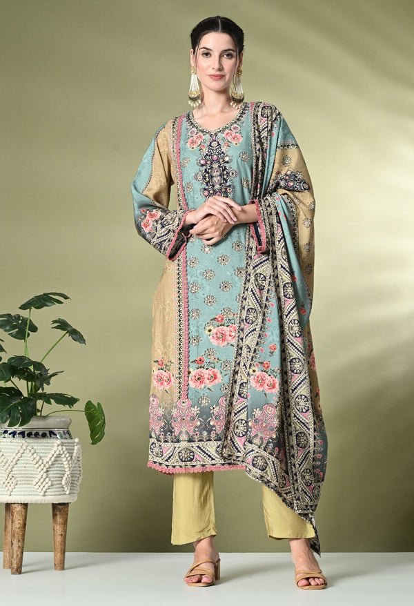 Floral Muslin Suit with Mirror