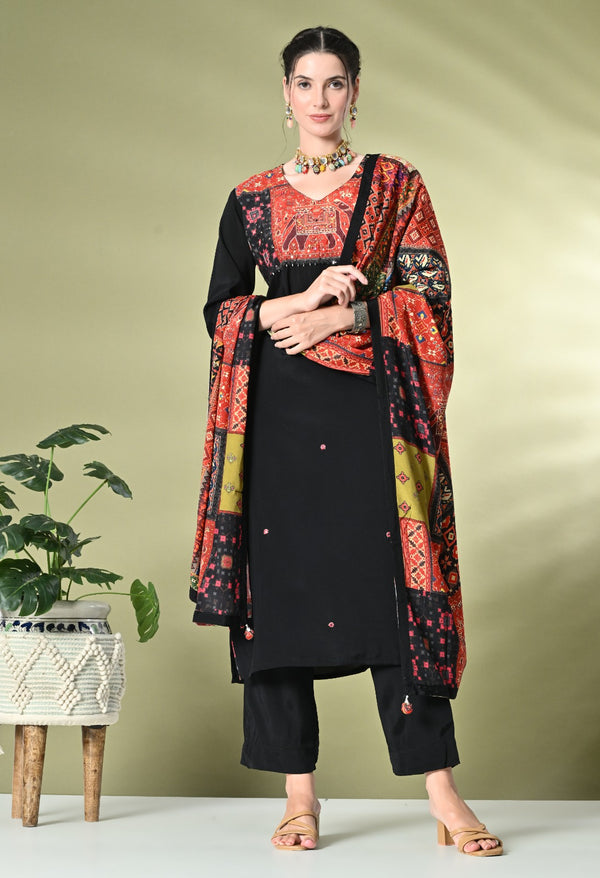 Black Chanderi Silk Straight Suit