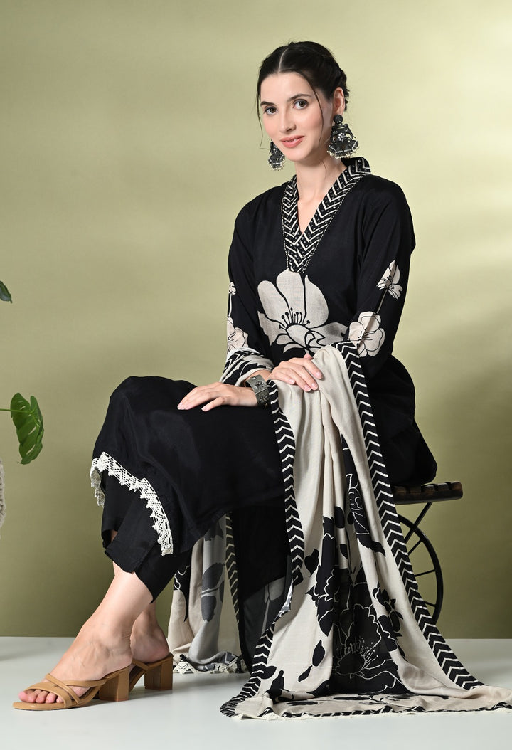 Black Maslin Printed Suit