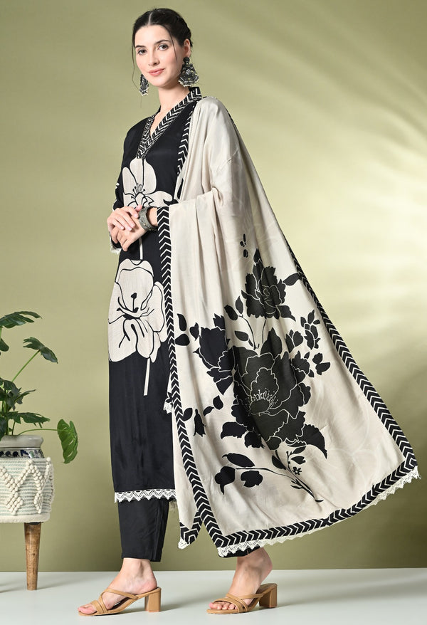 Black Maslin Printed Suit Elegance