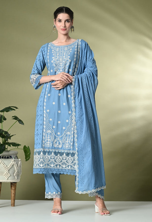 Blue Chikankari Cotton Organza Suit