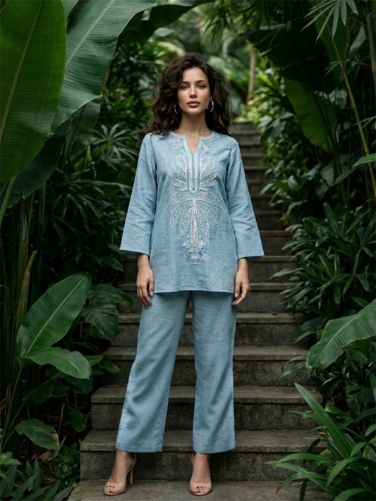 Sky Bloom Embroidered Co-Ord Set