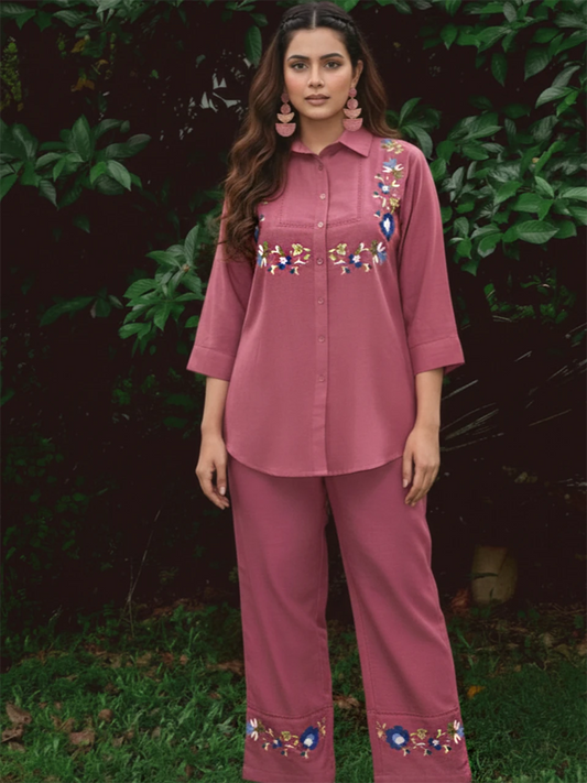 Rose Bloom Embroidered Co-Ord Set