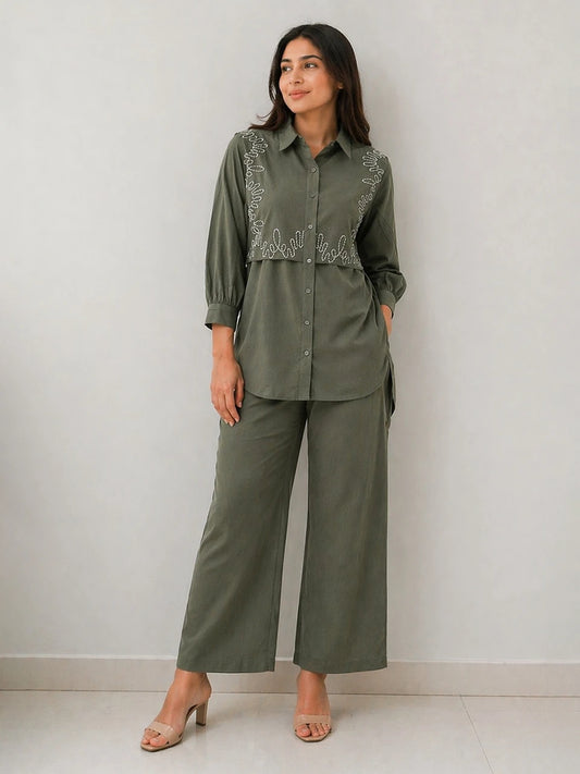 Olive Whisper Embroidered Co-Ord Set